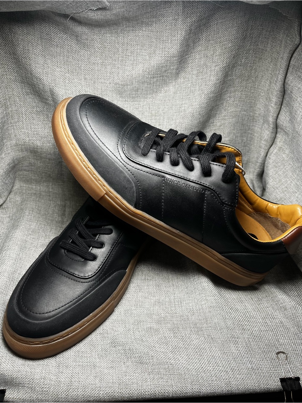 Vince Camuto Black Leather Sneakers with Tan Gum Sole